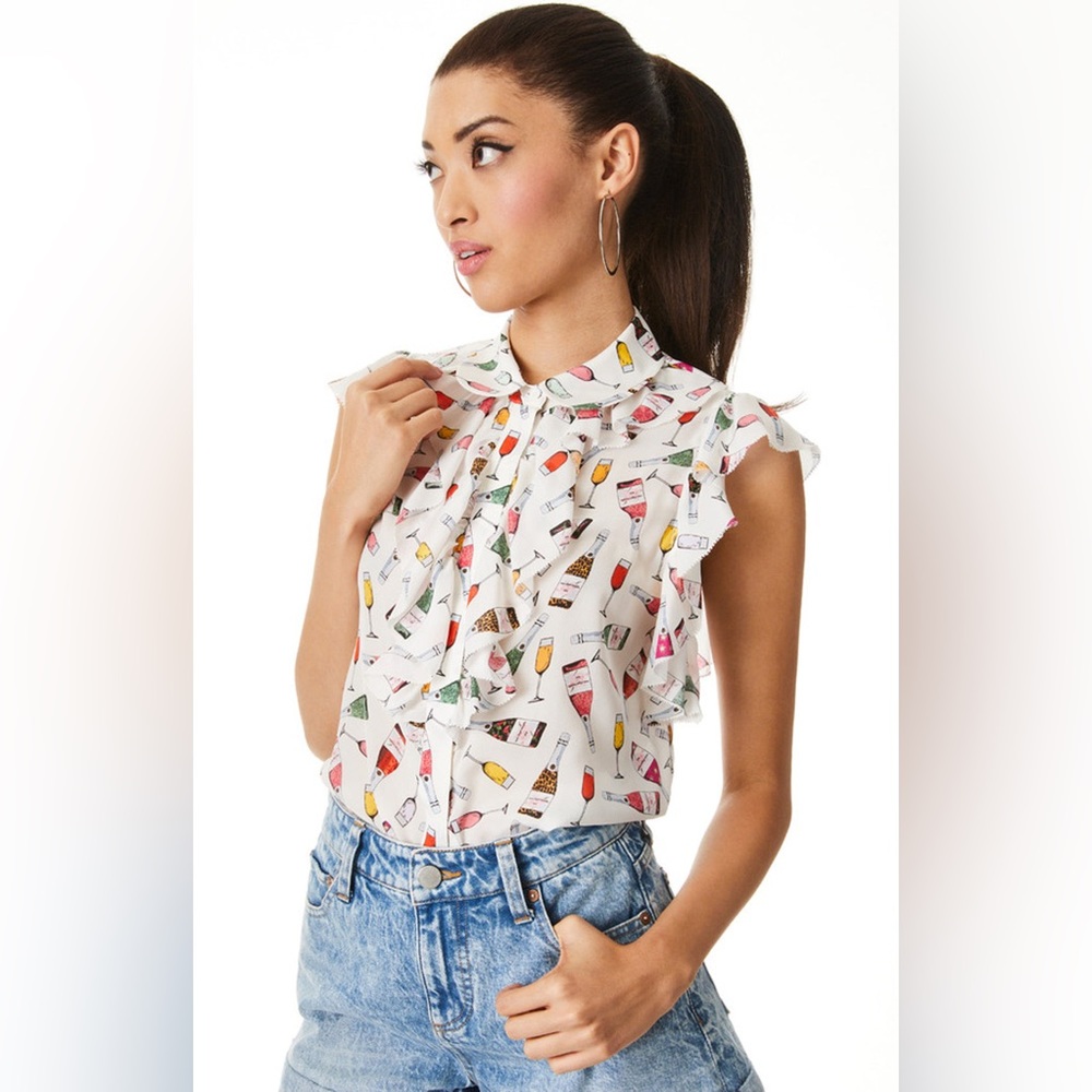 NWT Alice + Olivia Flutter Sleeve Silk Blend Robbie Collar Ruffle Blouse
